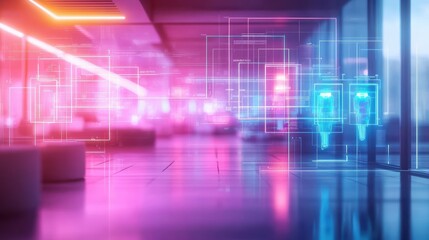 Fototapeta premium Futuristic hotel lobby in a virtual world, glowing neon colors and holographic guides, virtual reality tourism concept