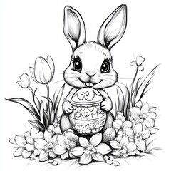 Easter Bunny's Delight: An adorable Easter bunny, rendered in a detailed line art style, cradles a decorated Easter egg amidst a bed of spring flowers, embodying the joy and festivity of the season.