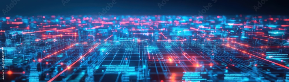 Poster futuristic cityscape interconnected with glowing digital networks viewed from top view illustrating 