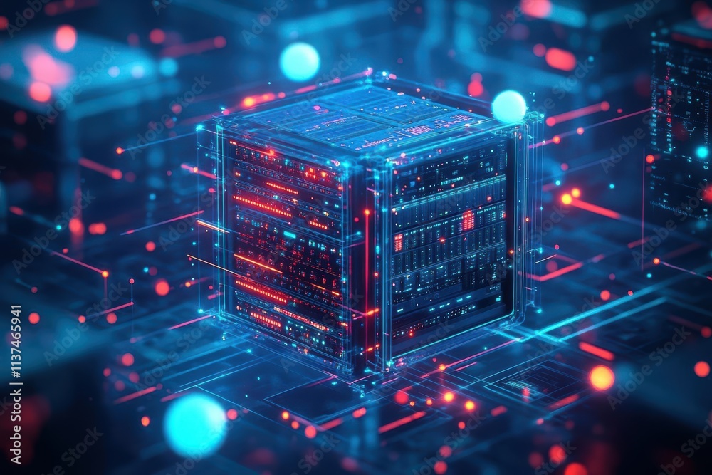 Poster Floating holographic server racks in a zerogravity environment, surrounded by AIgenerated data streams, scifi illustration, glowing light orbs