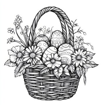 recommend clip art: Basket of Easter Eggs: A beautifully detailed line art illustration of a woven basket overflowing with intricately decorated Easter eggs, surrounded by delicate flowers and greenery.
