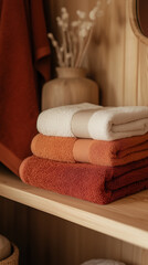 Stack of white, orange, and red towels on a wooden shelf in a cozy bathroom.