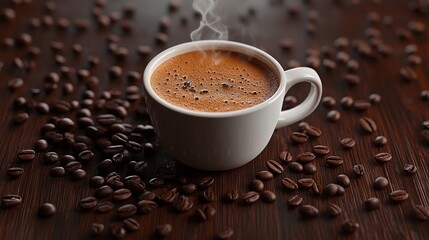 Naklejka premium Steaming Coffee Cup rests on Coffee Beans Wood Background