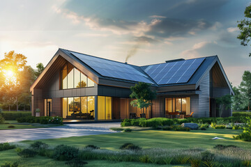 A modern house with solar panels on the roof, showcasing sustainable energy technology