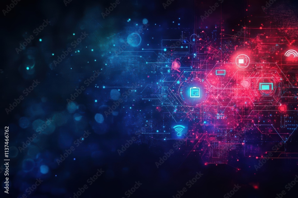 Poster Dark net attacking a network of IoT devices, shielded by radiant cybersecurity emblems, abstract watercolor