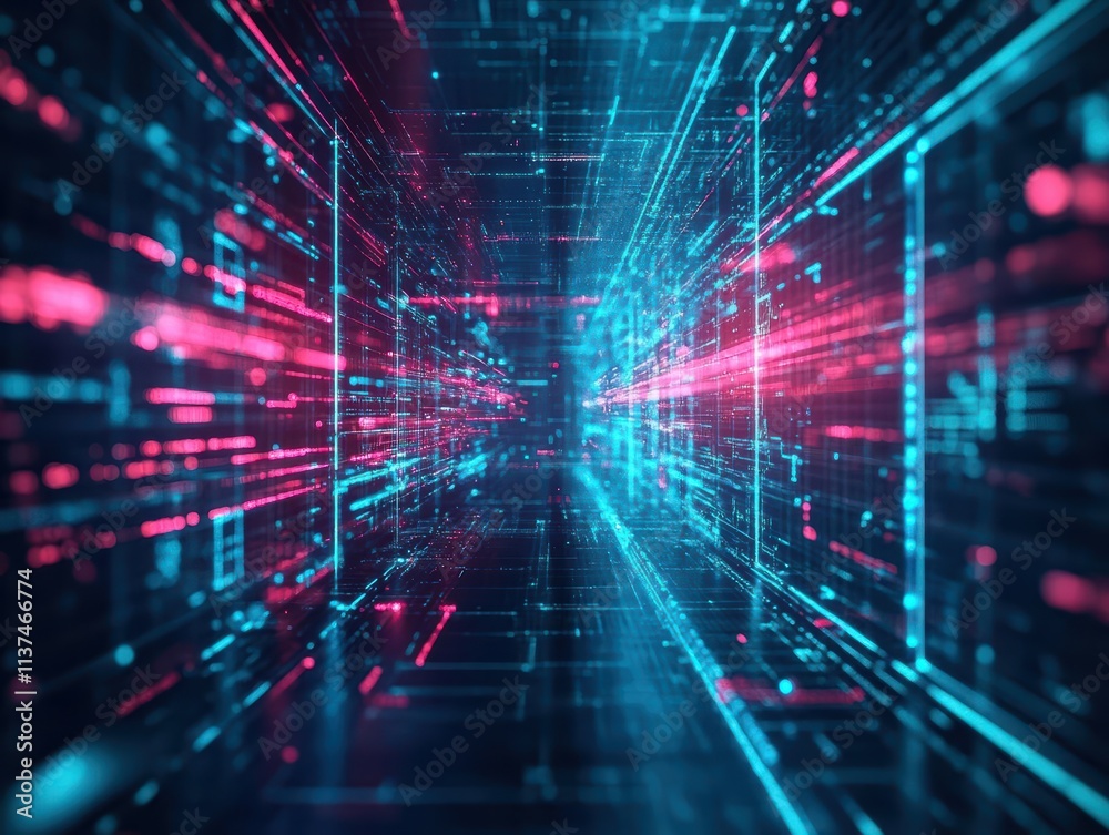 Poster Data packets traveling along illuminated pathways in a dark cloud computing network, scifi atmosphere, sharp focus