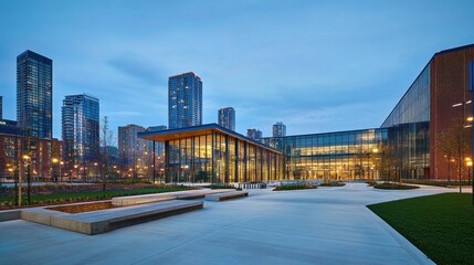 Naklejka premium Modern architectural structure with glass facade and landscaped surroundings at dusk.