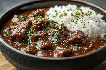 A bowl of beef and rice with sesame seeds