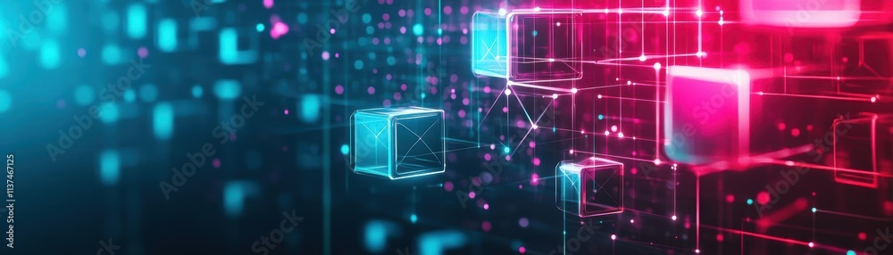 Poster Complex 3D abstract shapes with neon light accents representing advanced technological systems copy space whimsical manipulation futuristic gallery backdrop