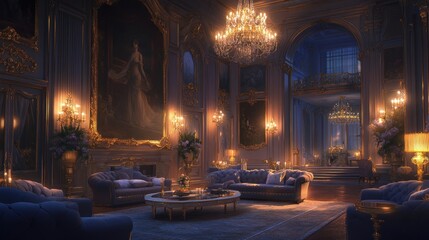Lavish ornate room with chandeliers, paintings, sofas.