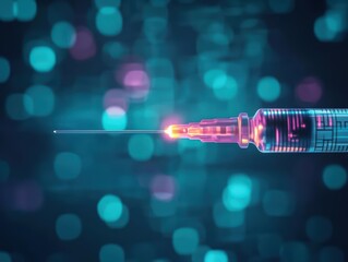 Closeup of a syringe tip with glowing plasma, futuristic aesthetic, clean minimalistic scifi background