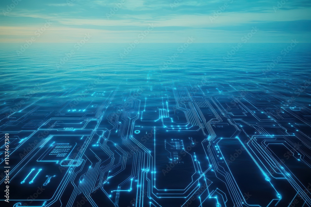 Poster Circuit board motifs seamlessly integrated into flowing water patterns symbolizing the digital future copy space futuristic overlay ocean horizon backdrop