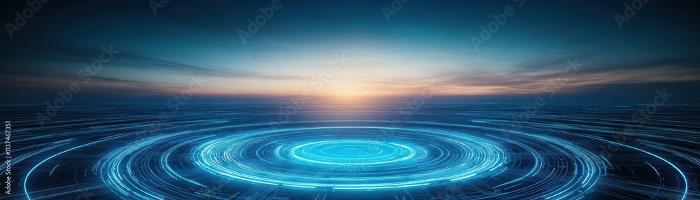 Poster Circuit lines arranged in concentric circles, glowing in electric blue, with a gradient background resembling a twilight sky