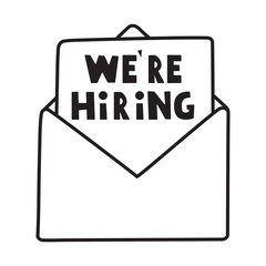 Open envelope. Phrase - We're hiring. Business concept. Black color. Outline vector illustration on white background.