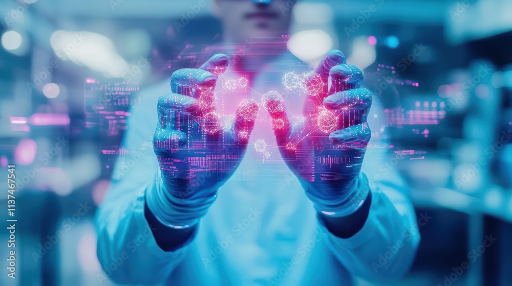 Aufkleber Augmented reality gloves manipulating molecular structures, glowing data streams around the hands, ultramodern laboratory aesthetic, neon accents