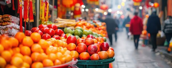 Bustling street market scene during Chinese New Year celebrations showcasing vibrant fruit displays and festive decorations in a lively urban setting