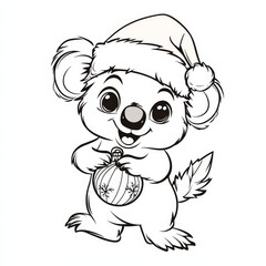 Fototapeta premium Koala in Santa Hat: A heartwarming and festive image of a cute koala wearing a Santa hat and holding a Christmas ornament. Perfect for holiday-themed designs, greeting cards, and children's books. 