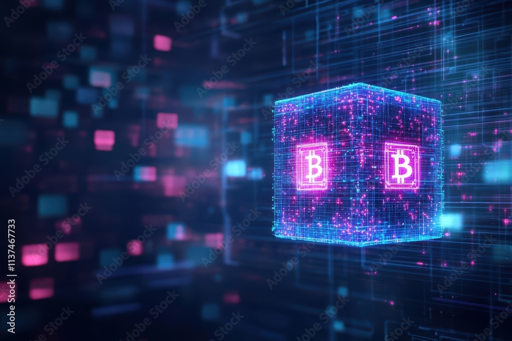 Poster an illustration of a floating cube made of holographic cryptocurrency symbols, glowing in a dark cyb