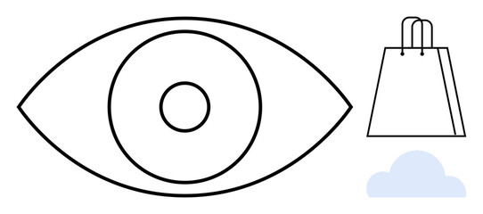 Eye graphic with concentric circles, a shopping bag, and a cloud icon. Ideal for online shopping, marketing, technology, digital security, user interface vision and e-commerce. Line metaphor