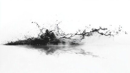 Black water splash; white bg.  Dynamic.