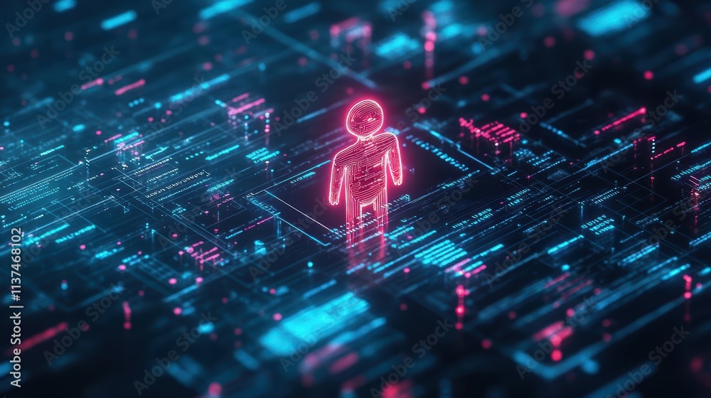 Fototapete AIenhanced cloud systems visualized as a glowing humanoid figure surrounded by streams of data, scifi theme, neon lighting