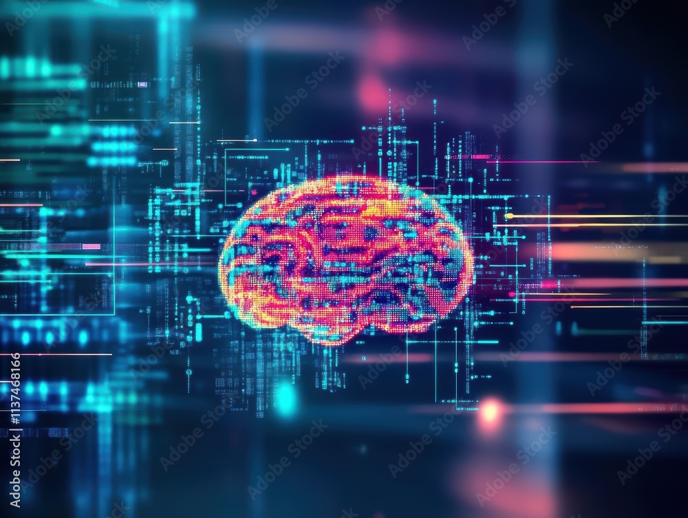 Leinwandbilder AIdriven cloud network visualized as a glowing brain, digital streams surrounding it, scifi aesthetic, neon colors