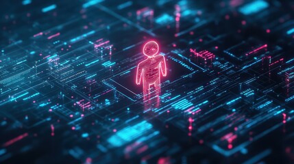 Obraz premium AIenhanced cloud systems visualized as a glowing humanoid figure surrounded by streams of data, scifi theme, neon lighting