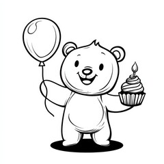 Obraz premium Happy Birthday Teddy Bear: A cute cartoon teddy bear celebrates its birthday with a cupcake and balloon. Perfect for children's books, cards, and party invitations. 