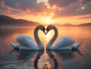 Fototapeta premium Romantic Swans at Sunset: A Heart-Shaped Love Story on a Serene Lake