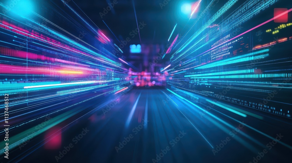 Poster Abstract motion graphics of streaming data lines showcasing the speed of modern technology focus on futuristic silhouette scifi control center backdrop