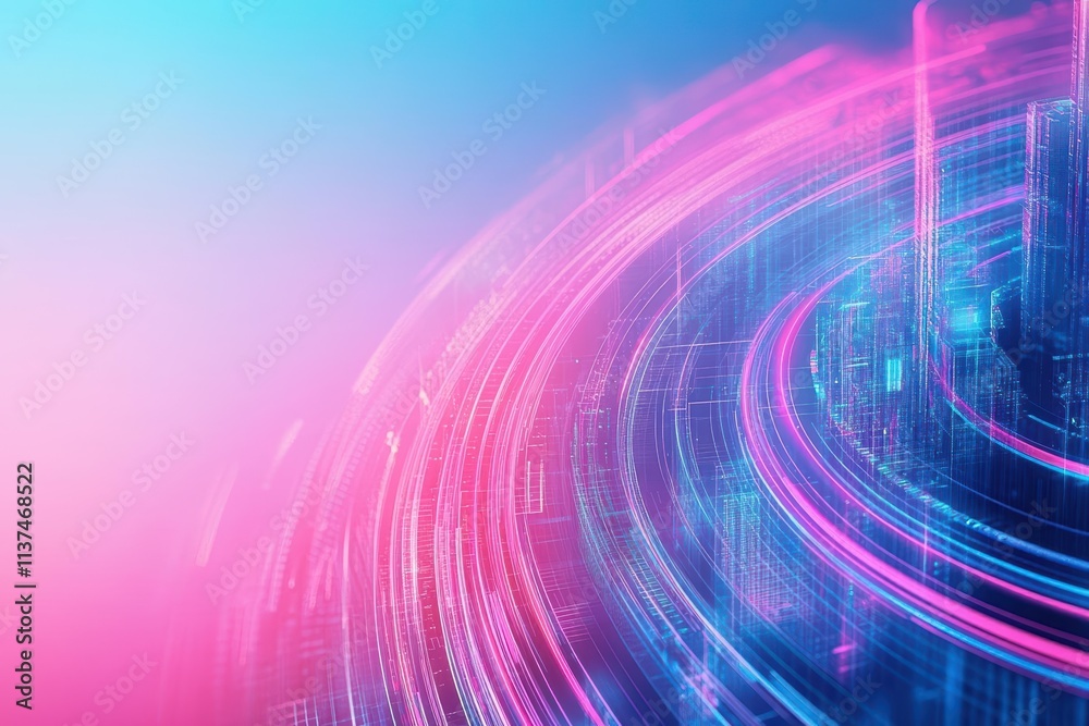 Poster Abstract layered shapes with glowing edges forming a complex digital landscape selective focus futuristic multilayer tech skyscrapers backdrop