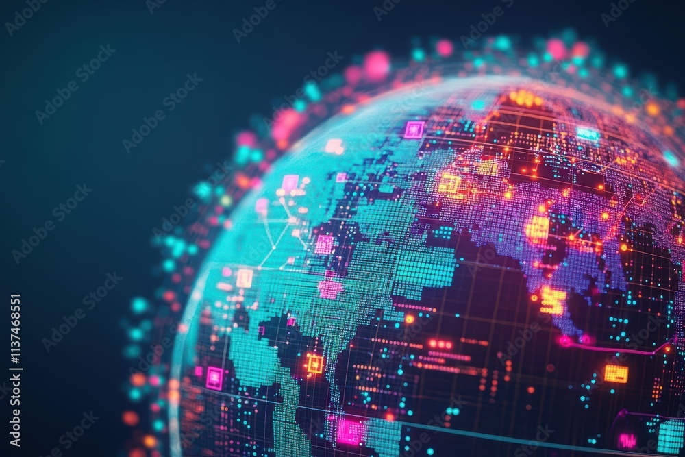 Aufkleber Abstract globe filled with interconnected digital nodes in top view illustrating global connectivity in futuristic tone splitcomplementary color scheme