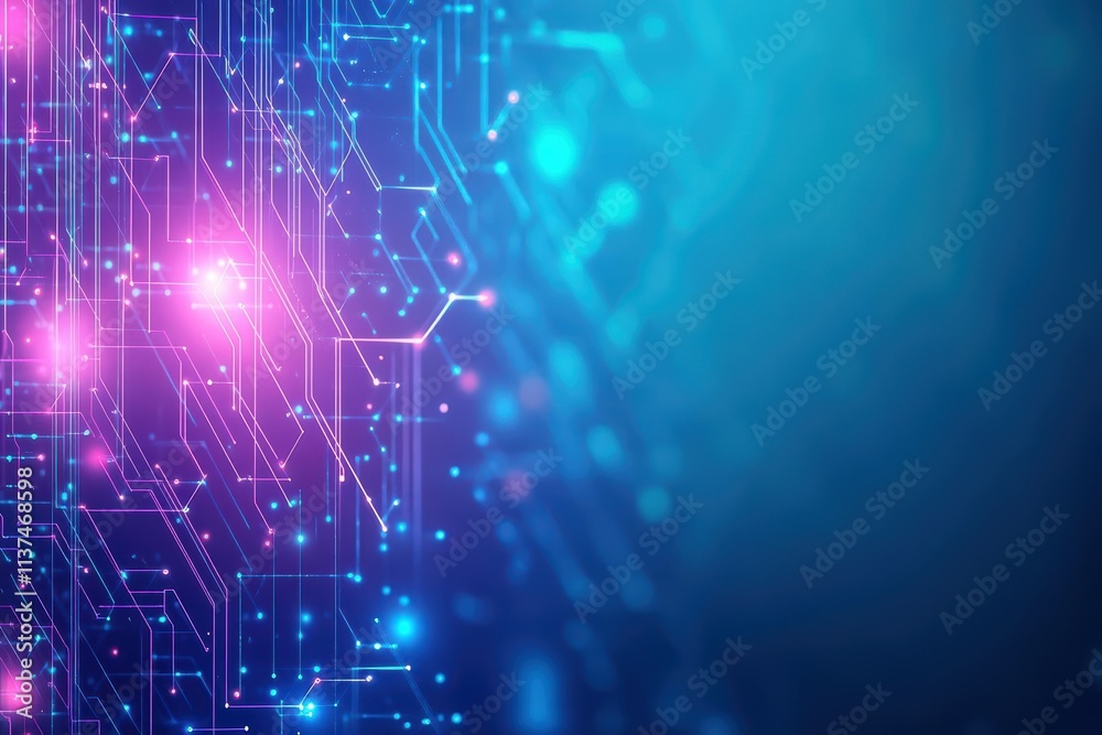Poster Abstract design of glowing circuit lines forming a weblike pattern, set against a gradient background of blue and purple hues