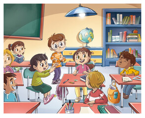 Niños dentro de un aula hablando entre ellos