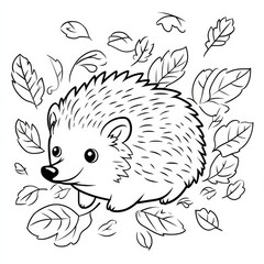 Naklejka premium Hedgehog in Autumn Leaves: A whimsical illustration of a cute hedgehog surrounded by falling leaves, perfect for coloring pages, children's books, and nature-themed designs.