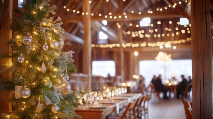 A beautifully lit Christmas tree with silver ornaments in a rustic barn venue, filled with warm...