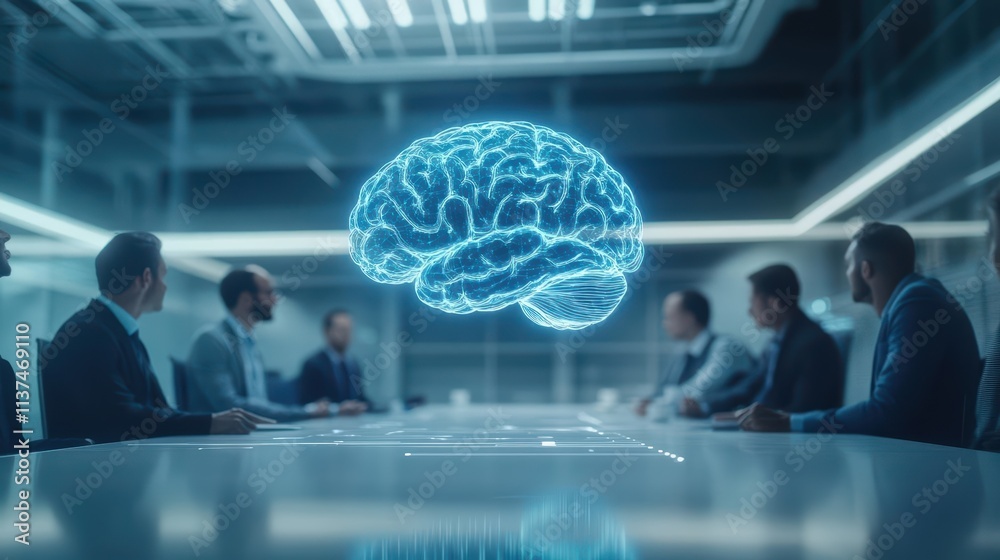 Aufkleber a team of executives examining a floating digital brain hologram in a hightech conference room, soft
