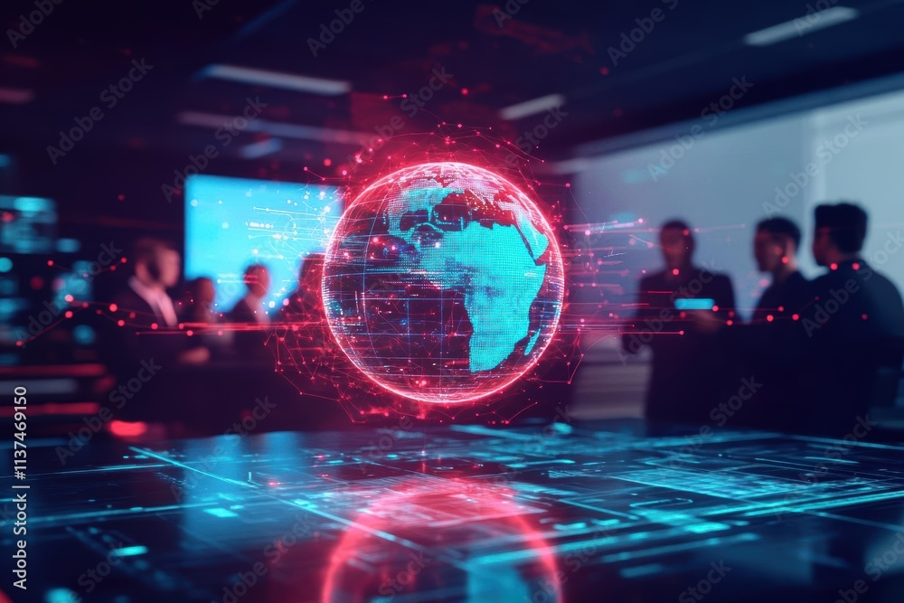 Poster a team in a modern boardroom discussing a glowing digital globe on a holographic display, cyberpunk 
