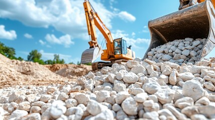 Obraz premium Excavator Shoveling Gravel at Construction Site under Clear Blue Sky with White Clouds and Pile of Gravel in Foreground