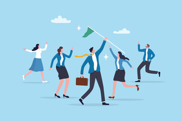 Leadership team leader to lead team to success, company ceo win business competition together, management or professional to reach goal or achievement, businessman leader hold winning flag with team.
