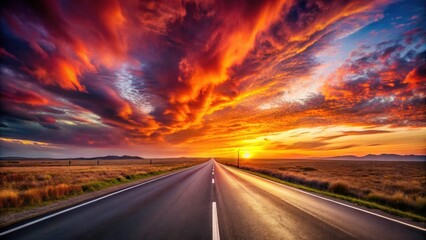 Naklejka premium Vast Empty Highway Under Fiery Sunset | Bokeh Effect | Scenic Road Trip | Nature Photography
