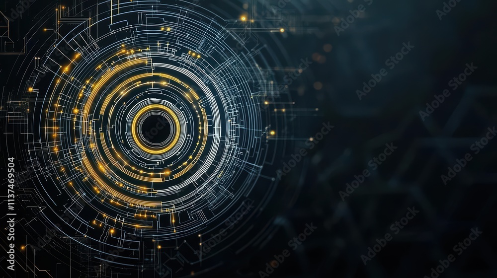 Aufkleber a spiral of gold and silver circuit lines radiating outward, set against a dark abstract background 