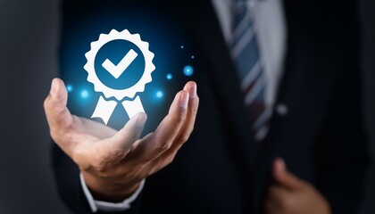 business people showing ideas warranty, international standard, ISO quality certification and quality guarantee mark,Excellent accreditation in the industry,Certified product