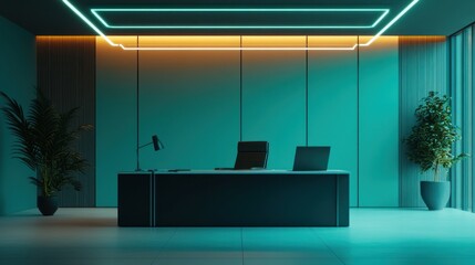 Modern office with cyan lighting and desk.