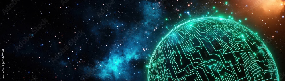 Poster A network of neon green circuit lines forming an abstract globe, set against a cosmic background with stars and nebulae