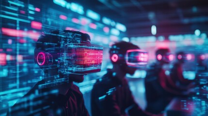 Fototapeta premium A neonlit VR gaming hub, players immersed in holographic worlds, glowing headsets reflecting dynamic visuals, wideangle shot, cinematic, vivid cyberpunk style