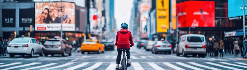 A lone cyclist navigating through a busy intersection filled with cars, pedestrians, and towering billboards displaying advertisements