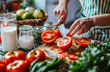 A person in the kitchen preparing nutritious vegan food from organic vegetables and fruits for a...