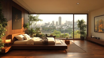 Fototapeta premium Modern bedroom with a city view, featuring plants and warm wood tones for a serene atmosphere.