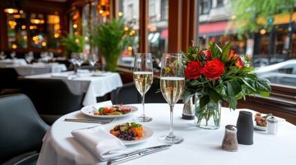 Fototapeta premium Intimate Gourmet Dining Experience with Elegant Table Setting Candles Flowers and Fine Cuisine in Cozy and Inviting Restaurant Interior